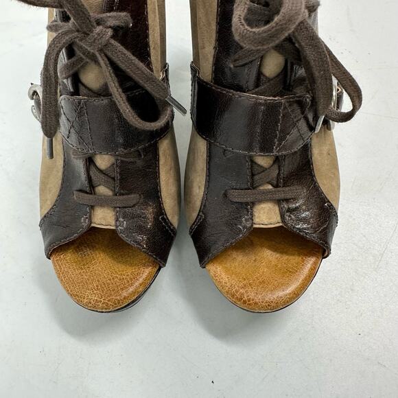 Anthropologie Naya Kasha Brown Leather Open Toe Lace Up Buckle Strap Heels sz 9‎ - Picture 2 of 10